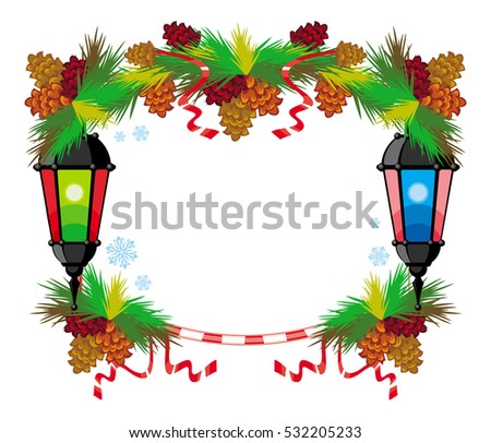 Winter holiday frame with vintage lanterns and Christmas decorations. Copy space.  Design element for advertisements, web, greeting cards and other graphic designer works. Vector clip art.