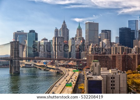 Lower Manhattan with FDR Drive and Brooklyn bridge view