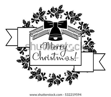 Christmas label with holiday decorations and written greeting "Merry Christmas!". Raster clip art.