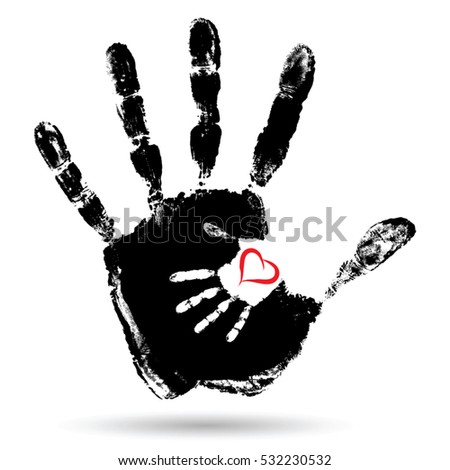 Vector concept or conceptual cute paint hand of mother child and heart shape isolated on white for art, care, childhood, family, fun, happy, infant, symbol, kid, little, love, mom, motherhood, young