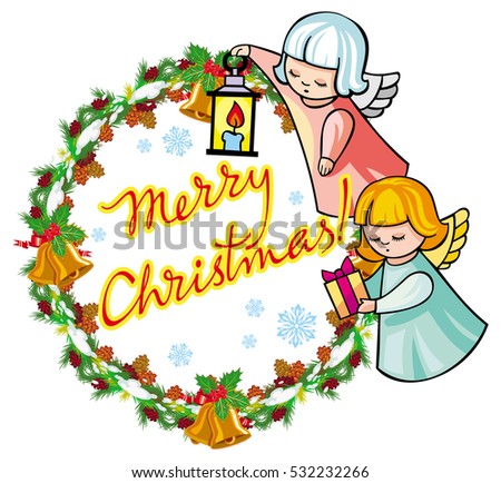 Holiday label with angels and artistic written text "Merry Christmas!". Christmas frame with free space for text, photo or picture. Vector clip art.