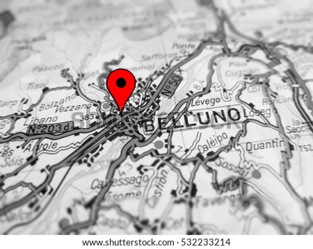 Belluno city over a road map (ITALY)