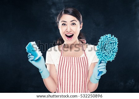 Housewife smile and cleaning tool