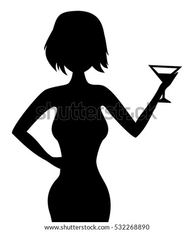 Silhouette of a woman with cocktail isolated on white background.