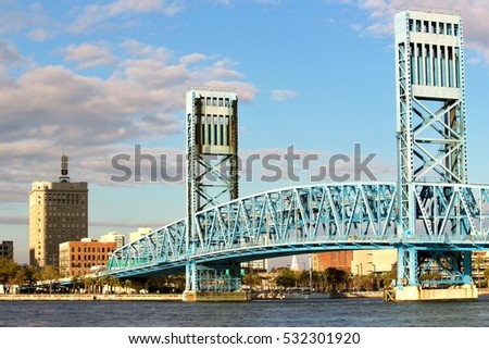 Beautiful view of the Main Street Bridge in Jacksonville, Florida on a sunny afternoon.