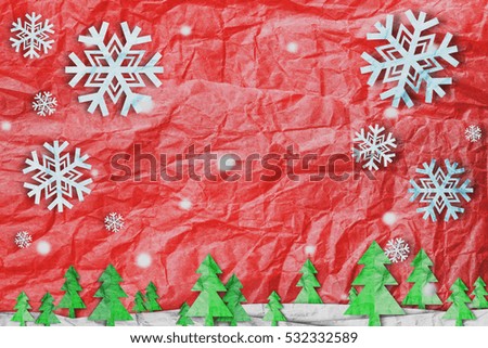 Christmas background, Snowflake with snow and christmas tree, paper cut style made of crumpled paper 