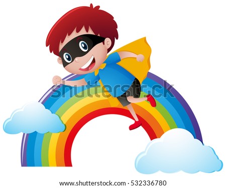 Boy in hero outfit flying over the rainbow illustration