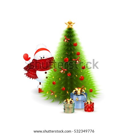  Cute snowman hides behind the Glowing  Beautiful Christmas tree with red balls, christmas lights, jingle bells, garland, shiny star and gift boxes  isolated on white background. Vector illustration.