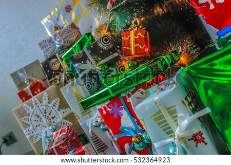 Colorful Christmas Gift boxes with snowflakes