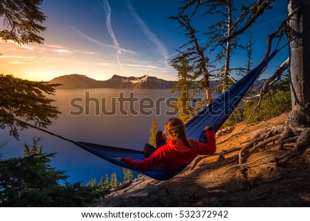 Woman Hiker Relaxing in Hammock Crater Lake National Park Oregon 