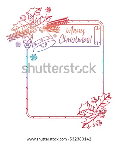 Contour gradient frame with paper banner, Christmas bell, holly berry and pine cone. Copy space. Raster clip art.