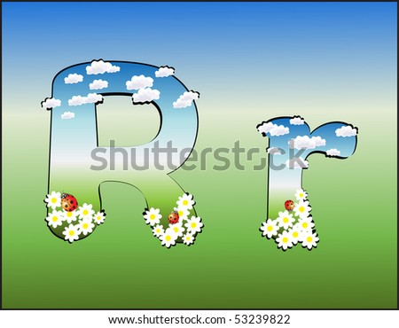 Alphabet with clouds, flowers and ladybirds in the green-blue color