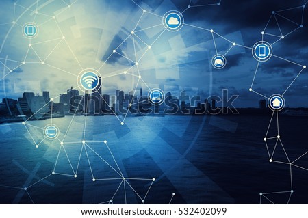 duo tone graphic of smart city and wireless communication network
