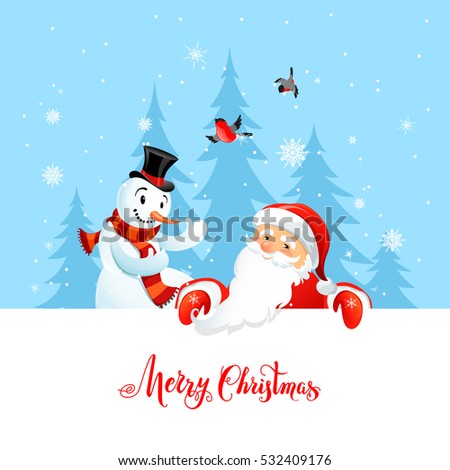 Holiday Christmas background for banners, advertising, leaflet, cards, invitation and so on. Santa Claus, snowman cartoon characters. Handwritten Christmas Inscription.