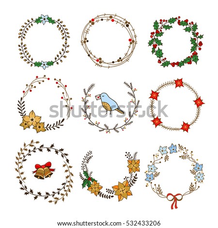 Christmas wreaths hand drawn set. Lovely Christmas and New year wreaths and round frames