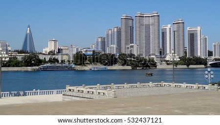 Aerial view of the city in Pyongyang, North Korea. Pyongyang is the capital city of the DPRK. Royalty-Free Stock Photo #532437121