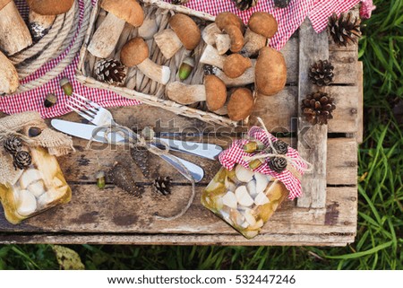 Vegetarian set: raw white mushrooms, pine cones with dry decorations on the wooden table