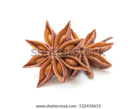 Star anise spice fruits and seeds isolated on white background closeup Royalty-Free Stock Photo #532458655
