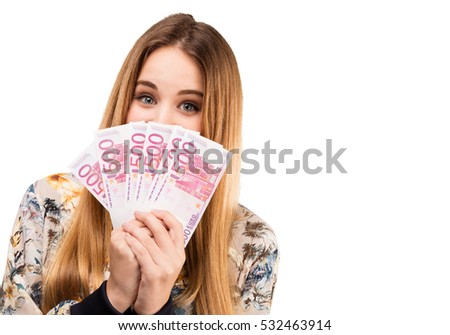 pretty young woman holding bills