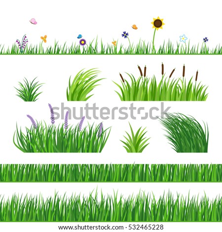 Green seamless grass elemnts. Lawn grass, reed and sunflower. Flying butterflies and flowers. Horizontal seamless elements.