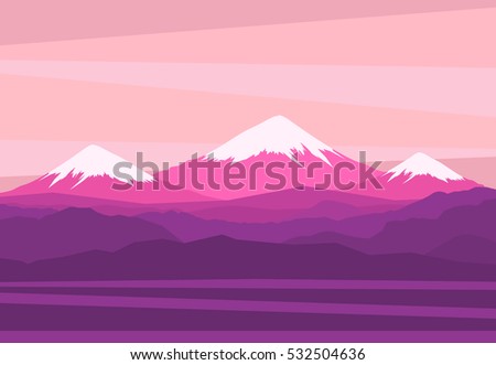 Landscape with Mountain Peaks. Panoramic view in pink colors. Vector illustration 