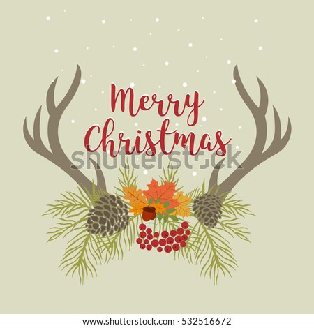 Merry Christmas retro hipster poster with hand lettering, antlers and flowers. This illustration can be used as a greeting card, poster or print.