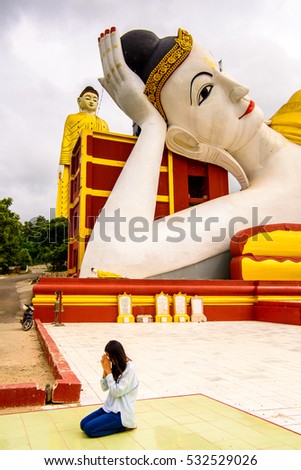 Giant Reclining Buddha at the Maha Bodhi Ta Htaung, a famous Buddhist region and monastery, Monywa Township, Sagaing Area, Myanmar (Burma)
