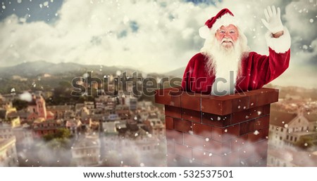 3D Jolly Santa waving at camera against city landscape
