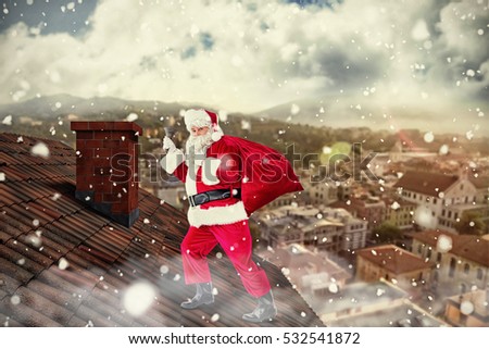 3D Santa walking with his sack and bell against city landscape