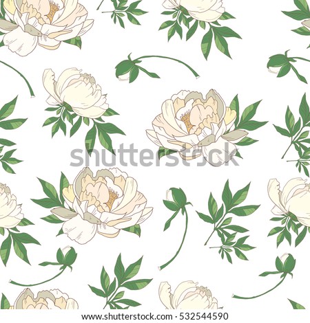 Seamless pattern with white roses. Flower background. Hand drawn flowers. Vector illustration