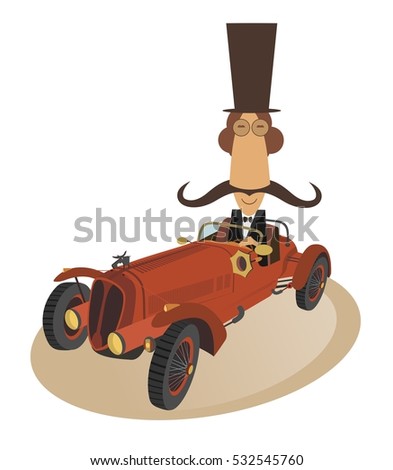 Gentleman rides a retro car. Smiling man in top hat drives a hot rod
