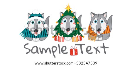 Kawaii husky, malamutes with Christmas masquerade outfits. Object isolated on white background. Vector childish element for design. Cartoon art for holiday banners, logo, emblems with place for text 