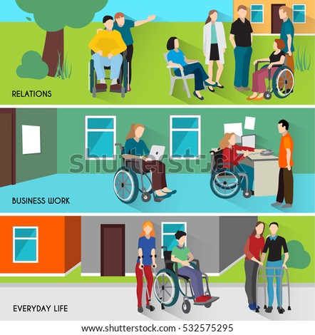 Disabled people horizontal banners set with business work symbols flat isolated vector illustration