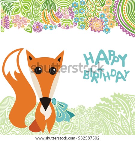 Happy birthday greeting card with cute cartoon fox. Vector illustration.