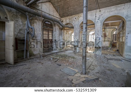 old building destroyed, interior abandoned factory