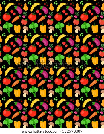 Beautiful seamless pattern with fruit and vegetables. Vector pattern illustration icons. Isolated on black background