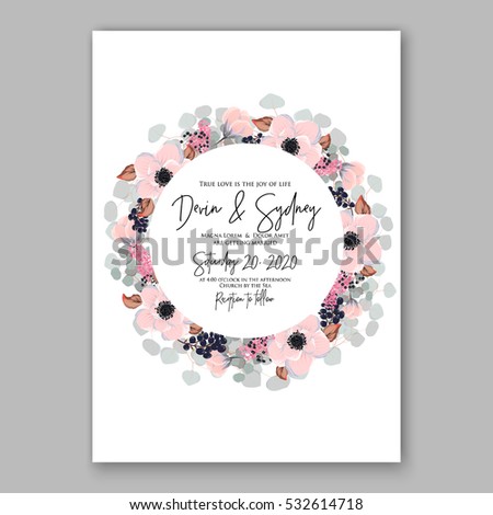 Wedding Invitation Floral Bridal Wreath with pink flowers Anemones, fir, pine branches, wild privet berry, currant berry vector floral illustration in vintage watercolor style