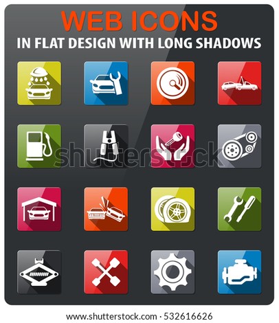 Auto icons set in flat design with long shadow