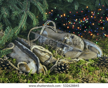 Christmas arrangement with old skates under the Christmas tree