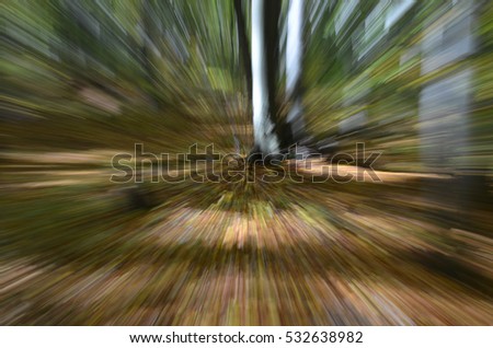  Zoom into a forest with high speed textured background. Abstract autumn forest park landscape.