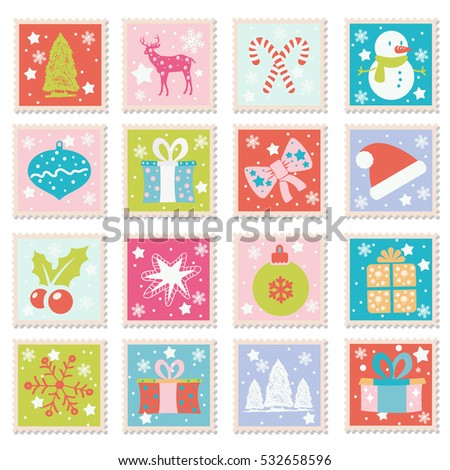 Vector collection of Merry Christmas and Happy New 2017 Year design elements with holiday symbols. Set of greeting cards, stamps.