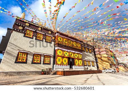 Songzanlin Temple also known as the Ganden Sumtseling Monastery, is a Tibetan Buddhist monastery in Zhongdian city( Shangri-La), Yunnan province China and is closely Potala Palace in Lhasa Royalty-Free Stock Photo #532680601