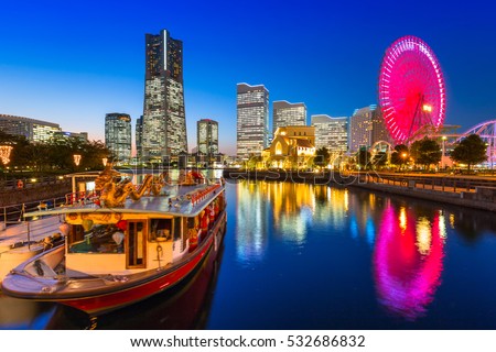 Cityscape of Yokohama city at dusk, Japan Royalty-Free Stock Photo #532686832