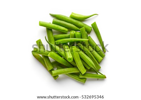 Heap of green beans isolated on white background, top view Royalty-Free Stock Photo #532695346