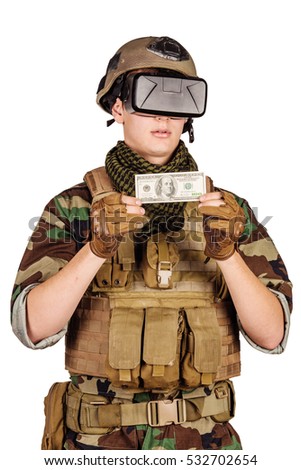 sergeant holding money against white background with cash.