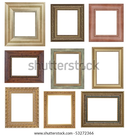nine antique picture frames isolated on white . High resolution Royalty-Free Stock Photo #53272366