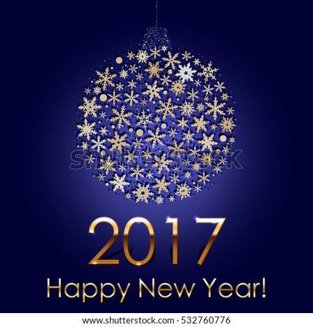 Happy New Year 2017 Snowball Background. Holiday Invitation or Greeting Card with Circle of Snowflakes. Golden Confetti with Snow on Dark Blue Background. Merry Christmas and New Year Template.