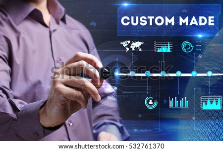 Technology, Internet, business and marketing. Young business person sees the word: custom made
