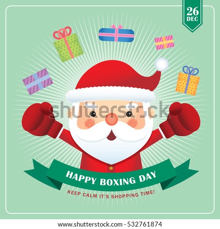 Happy Boxing Day. Cute santa claus wearing boxing gloves with gifts and banner. Vector illustration of boxing day. 