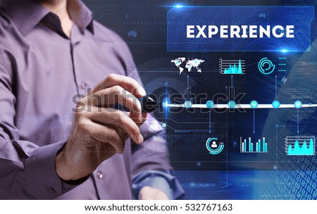 Technology, internet, business and marketing. Young business man writing word: experience